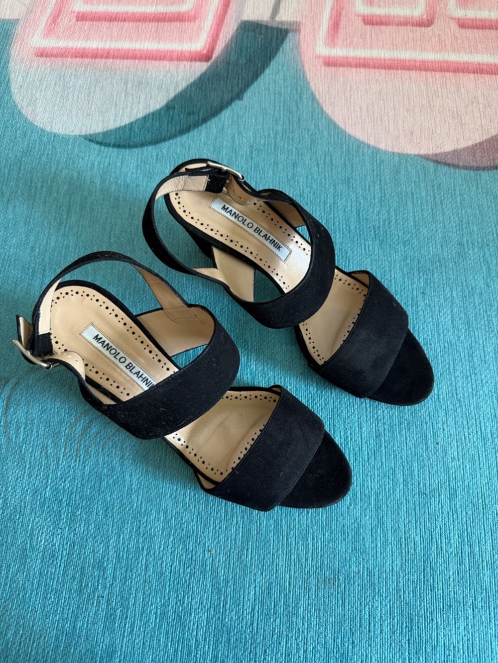 Manolo Blahnik Black Suede Strappy Block-Heel Sandals